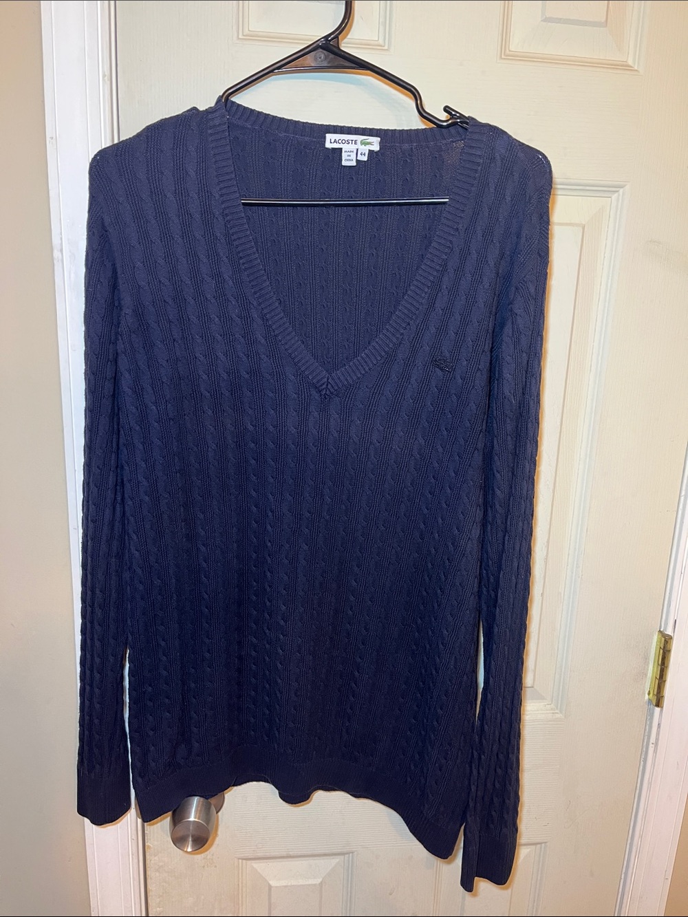 Lacoste Navy Blue Cable Knit V-Neck Cotton Sweater Classic Preppy Size 44 L/XL